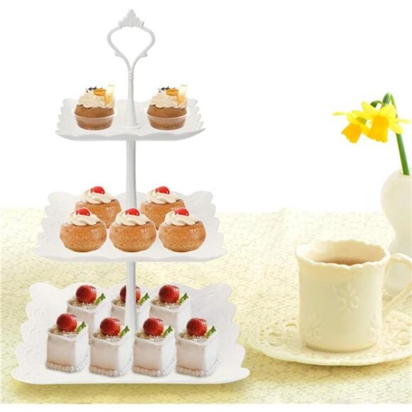 3 Tier Cupcake Stand, Plastic Tiered Serving Stand, Square Dessert Tray - Picture 6 of 7